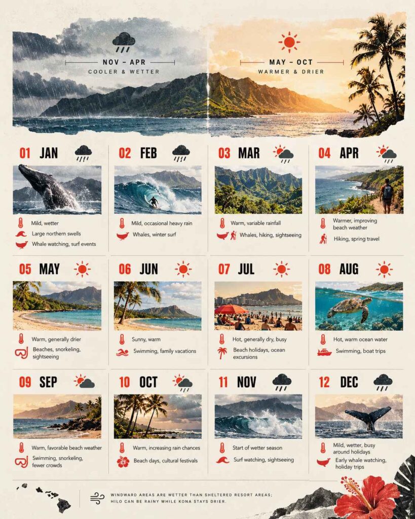 Month-by-month Hawaii weather infographic showing rainfall, sunshine, beaches, surfing and whale watching.