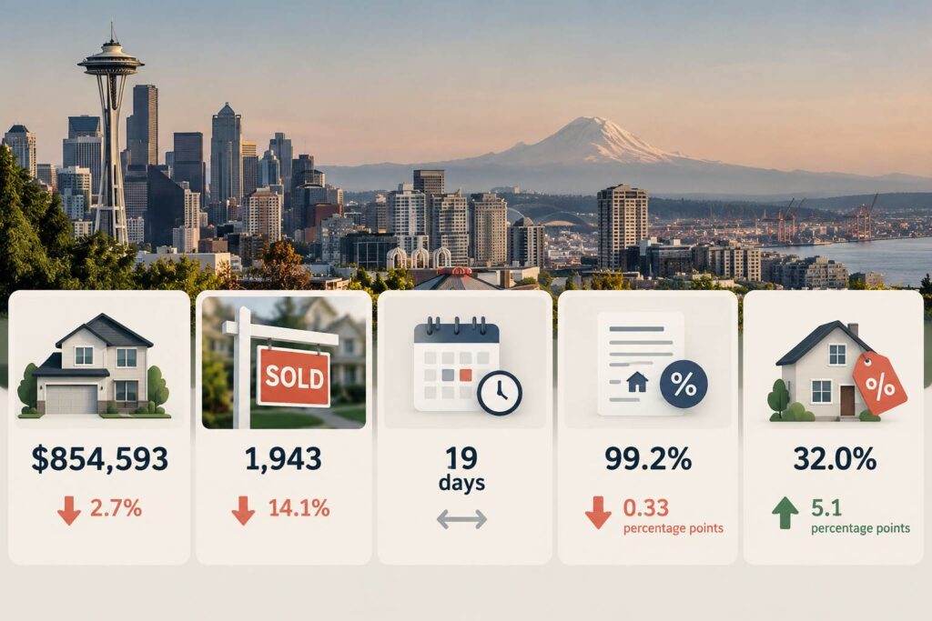 Seattle Housing Market 2026, Is Now a Better Time to Buy a House? Seattle housing market infographic showing home prices, sales, and annual changes in September 2026.