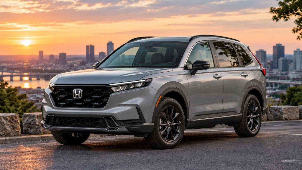10 Cars Involved in the Most Accidents in America, What the Statistics Reveal Silver Honda CR-V Hybrid SUV parked at a city overlook during sunset.
