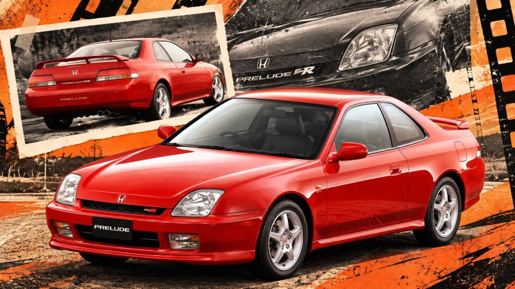 8 Future Classic Cars Worth Buying Before Prices Start Rising Red 1997 to 2001 Honda Prelude featured in a retro orange and black automotive collage.