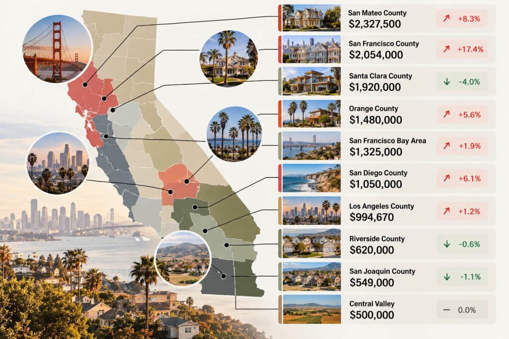 More Than 30% of Homes in California Now Sell for Over $1 Million Infographic comparing median home prices and annual price changes across 10 California regions in September 2026.