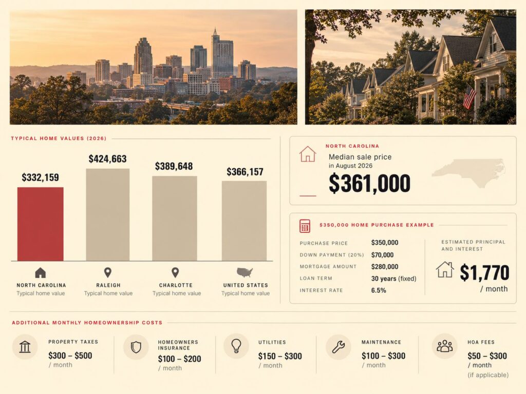 Why So Many Americans Are Moving to North Carolina Right Now? : Infographic comparing 2026 home values in North Carolina, Raleigh, Charlotte, and the U.S., with mortgage costs.