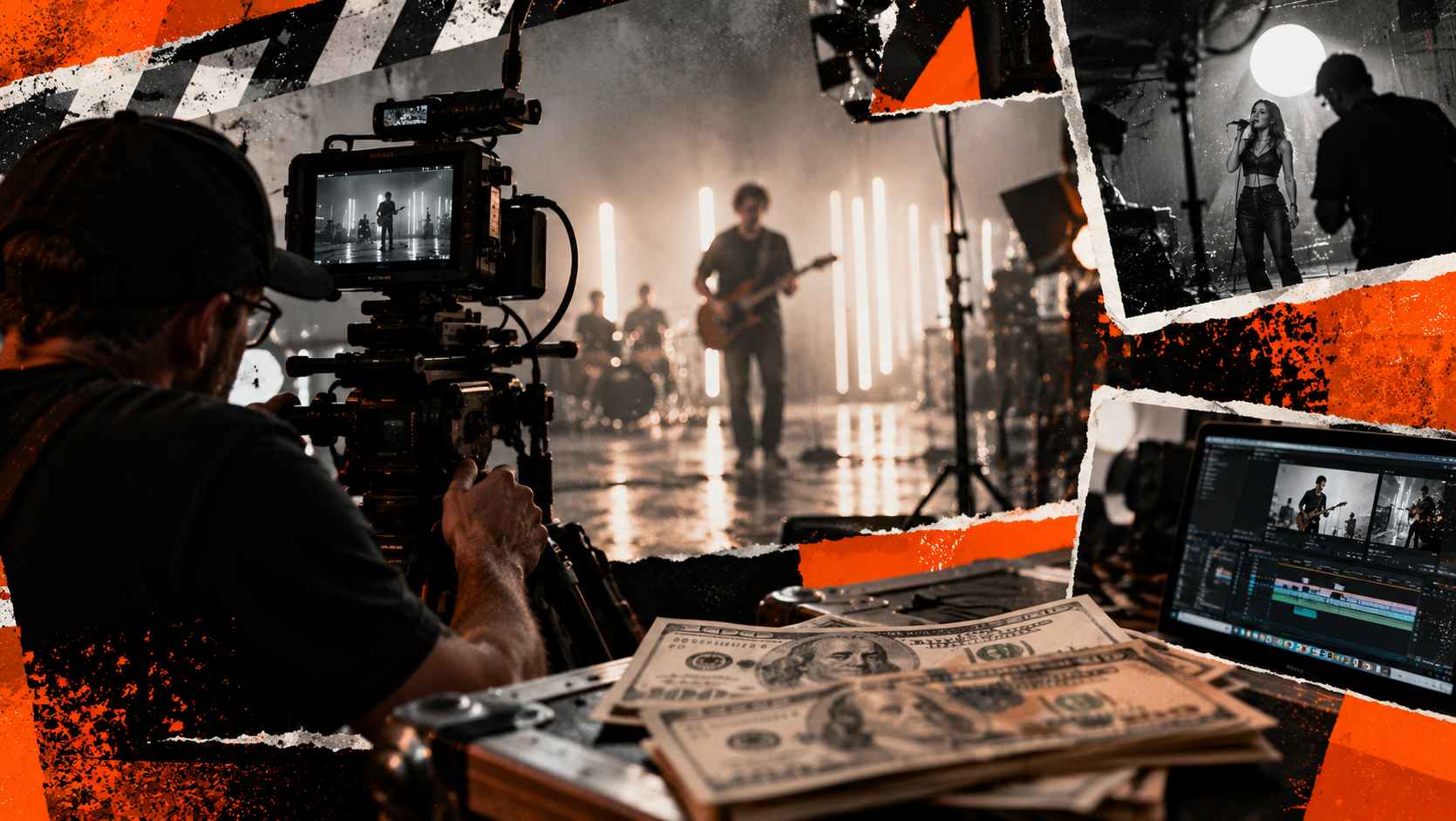 Music video production collage featuring a camera crew, musicians, editing equipment, and dollar bills.