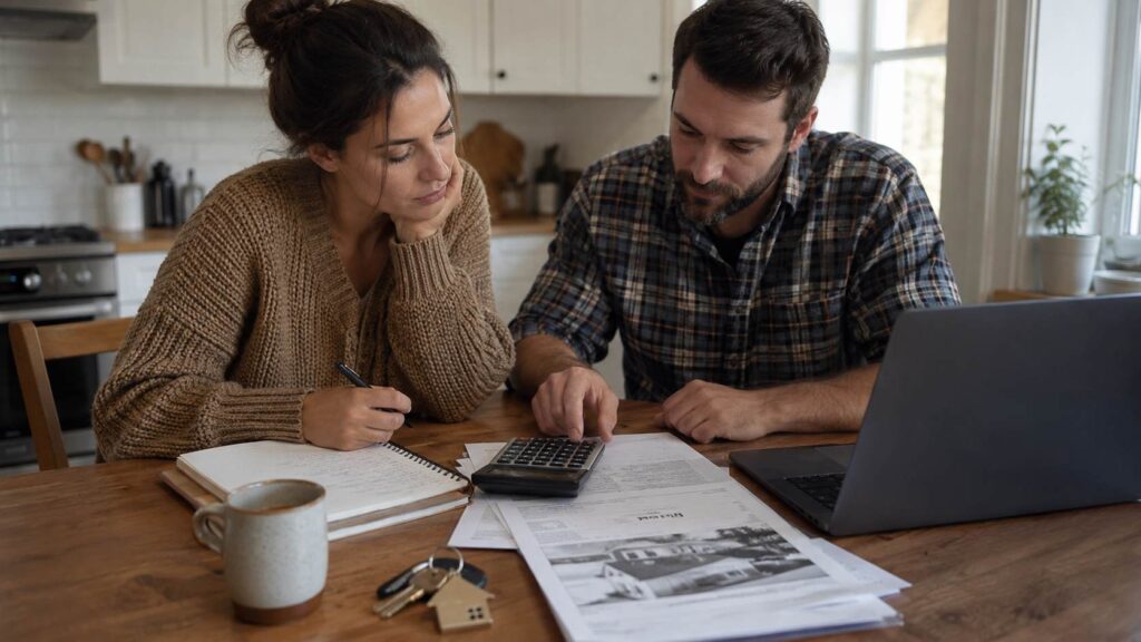 Georgia Real Estate in 2026, Is Now the Right Time to Buy a House? Couple calculating homebuying expenses at a kitchen table with paperwork, a laptop, and a calculator.
