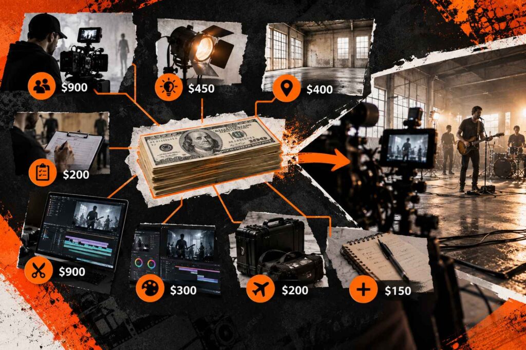 How Much Does It Cost to Make a Music Video? Infographic showing a $3,500 music video production budget with expense breakdowns and filming equipment.