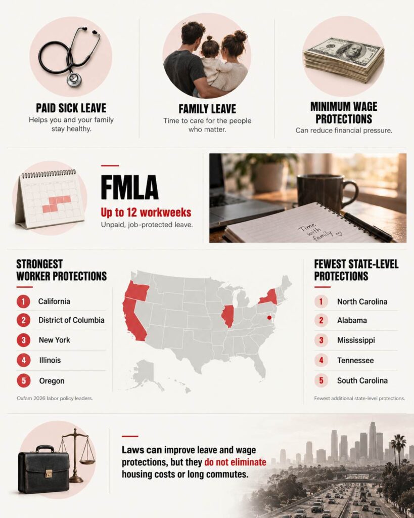 US States Ranked by Work-Life Balance, Where Are People Happiest? Infographic comparing paid leave, minimum wage protections, and worker rights across U.S. states in 2026.