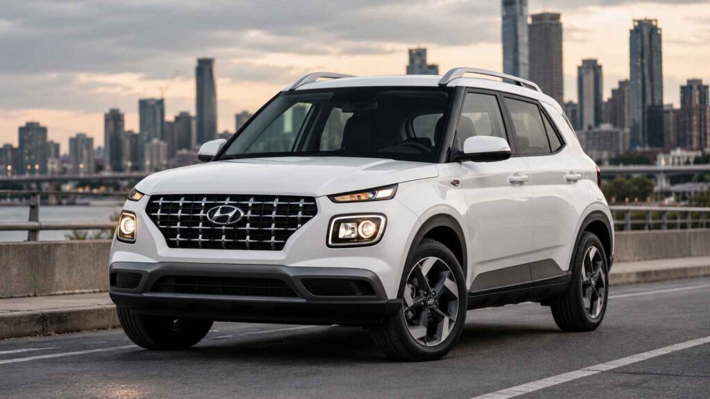 10 Cars Involved in the Most Accidents in America, What the Statistics Reveal White Hyundai Venue SUV parked on a city road with skyscrapers in the background.