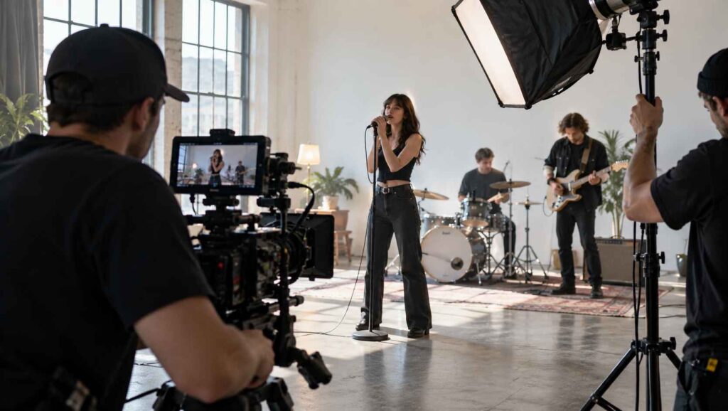 How Much Does It Cost to Make a Music Video? Camera operator filming a singer and band in a bright studio with professional lighting equipment.