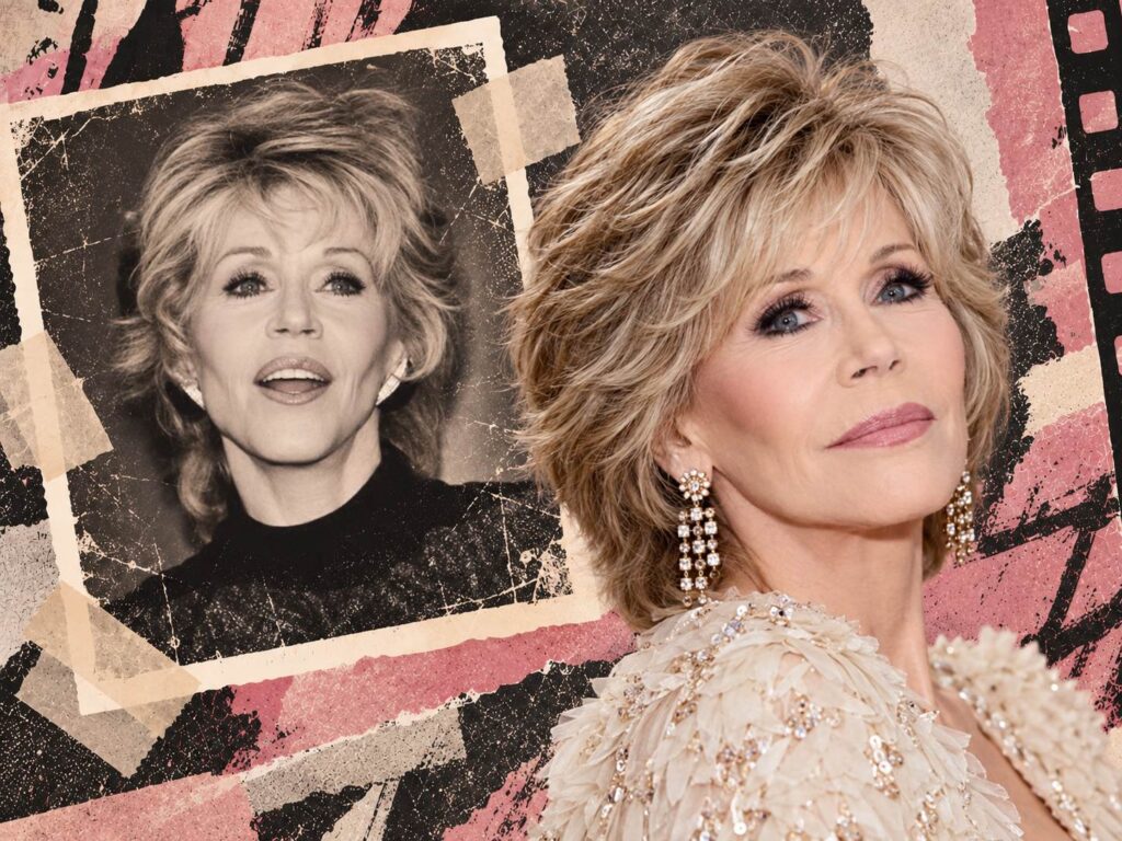 7 Celebrities Who Actually Look Better After Plastic Surgery Vintage and recent portraits of Jane Fonda in a pink and black editorial collage.
