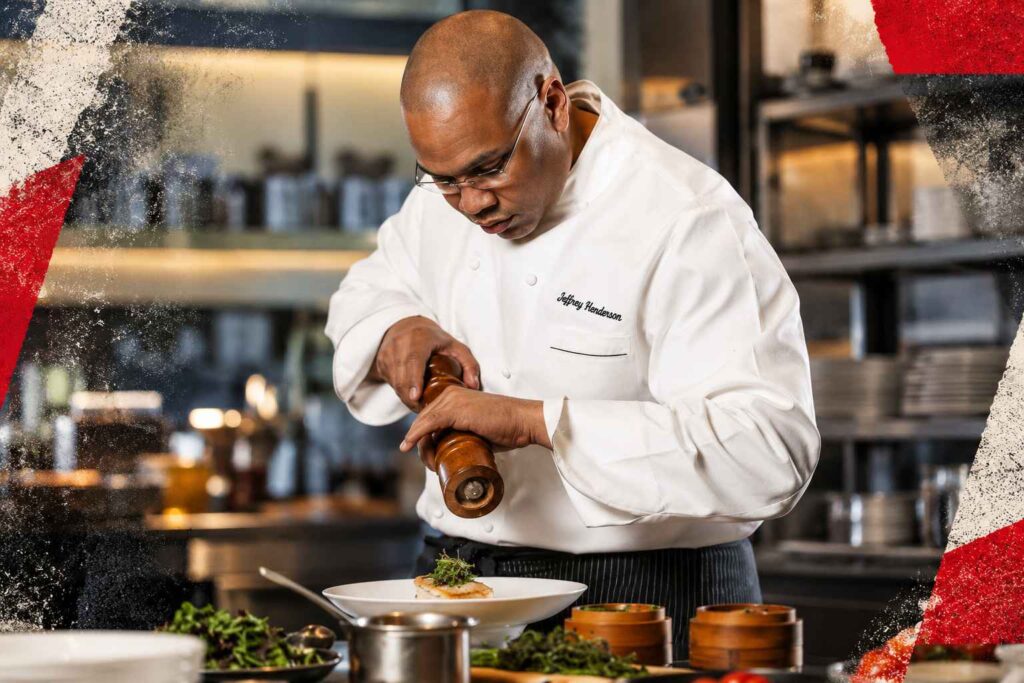 7 Famous Chefs Who Started Their Careers Washing Dishes Chef Jeff Henderson seasoning a plated dish in a restaurant kitchen with a Rocksoffmag-style background.