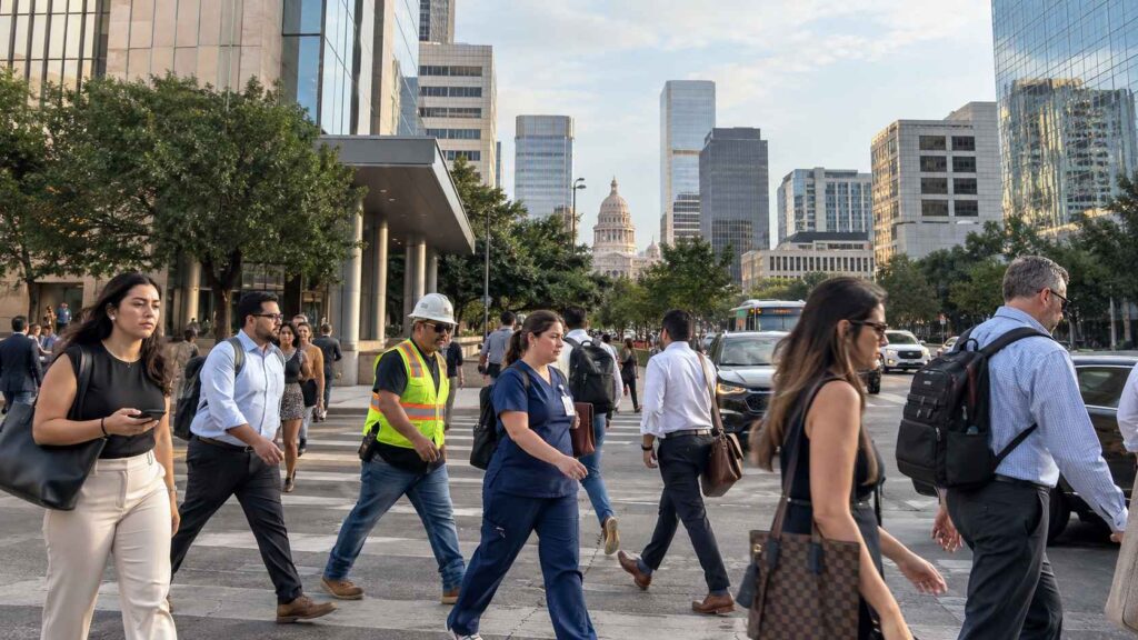 Workers from different industries crossing a busy street in downtown Austin, Texas.