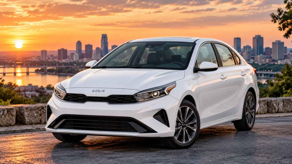 10 Cars Involved in the Most Accidents in America, What the Statistics Reveal White Kia Forte sedan parked at a city overlook during sunset.