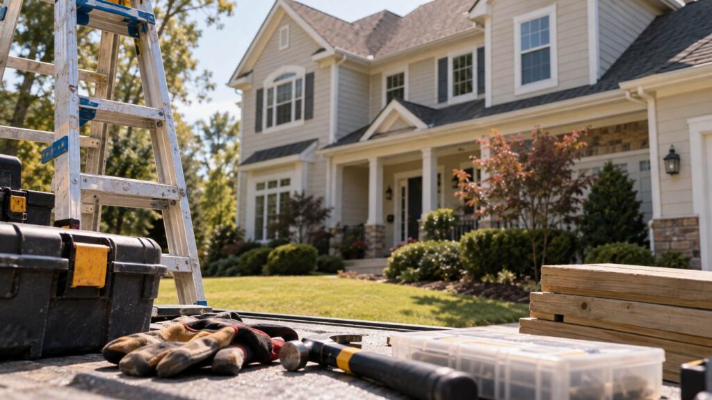 Why So Many Americans Are Moving to North Carolina Right Now? Home maintenance tools and ladder outside a large two-story suburban house.