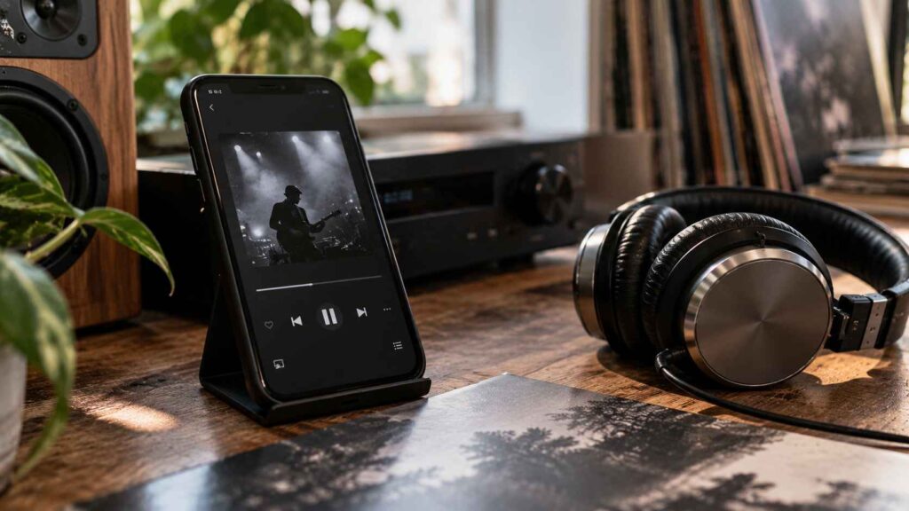 Vinyl vs CD vs Lossless Streaming - Which Format Preserves the Most Detail in Music? Smartphone displaying a rock music player beside wired headphones and home audio equipment.