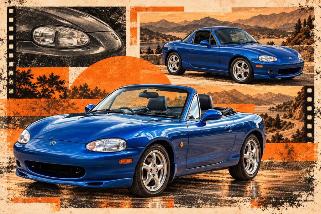 8 Future Classic Cars Worth Buying Before Prices Start Rising Blue Mazda MX-5 Miata NB convertible featured in a retro orange and black automotive collage.