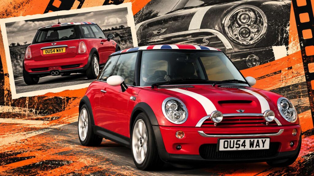 8 Future Classic Cars Worth Buying Before Prices Start Rising Red Mini Cooper S R53 with white racing stripes in a retro orange and black automotive collage.