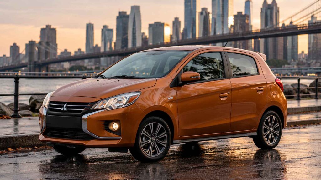 10 Cars Involved in the Most Accidents in America, What the Statistics Reveal Orange Mitsubishi Mirage hatchback parked on a wet waterfront road with a city skyline.