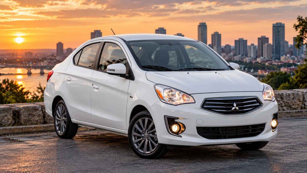 10 Cars Involved in the Most Accidents in America, What the Statistics Reveal White Mitsubishi Mirage G4 sedan parked at a city overlook during sunset.