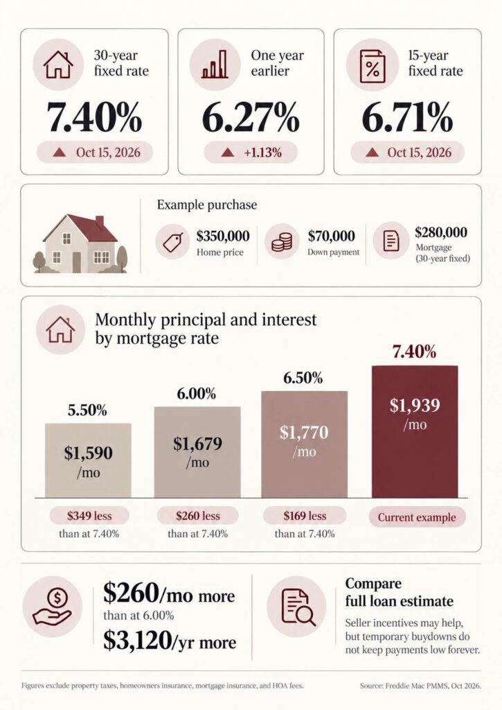 Georgia Real Estate in 2026, Is Now the Right Time to Buy a House? Infographic comparing Georgia mortgage rates and monthly payments for a $350,000 home in 2026.