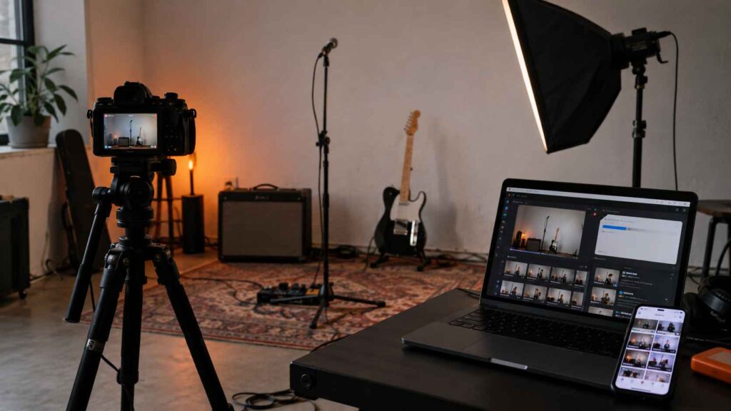 How Much Does It Cost to Make a Music Video? Home music video setup with a camera, guitar, lighting equipment, laptop, and smartphone displaying online videos.