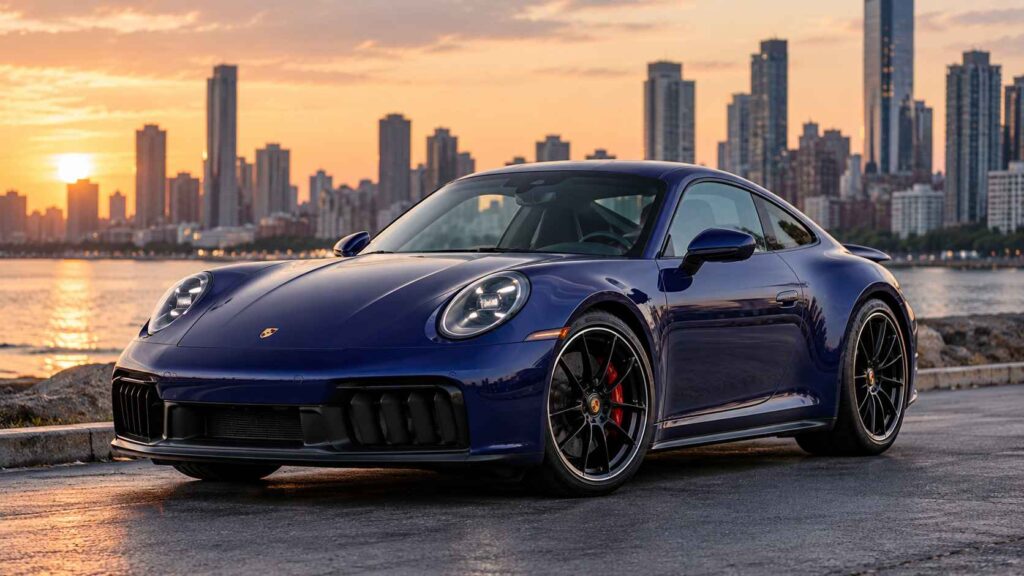 10 Cars Involved in the Most Accidents in America, What the Statistics Reveal Dark blue Porsche 911 parked on a waterfront road with a city skyline at sunset.
