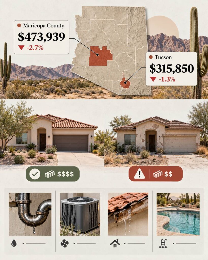 Arizona Housing Market Outlook for 2027, Will Home Prices Keep Falling? Infographic comparing Arizona home prices in Maricopa County and Tucson, with property conditions affecting resale values
