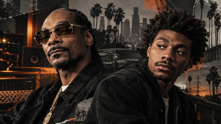 Snoop Dogg and Jonathan Daviss with a dark Los Angeles skyline and West Coast hip-hop imagery.