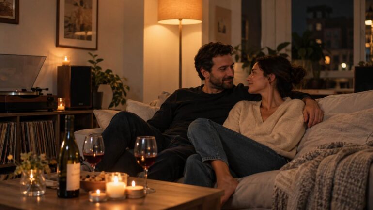 18 Songs to Set the Mood for a Romantic Date at Home Romantic Date - Couple relaxing together on a sofa with wine, candles, and a record player during a romantic evening at home.