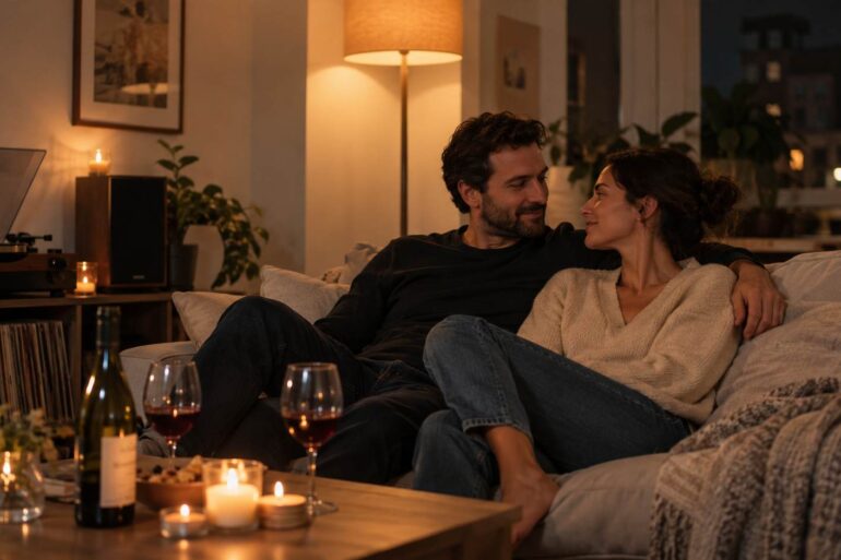 Romantic Date - Couple relaxing together on a sofa with wine, candles, and a record player during a romantic evening at home.