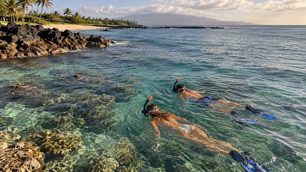 Two people snorkeling in clear Hawaiian waters near a rocky shoreline.