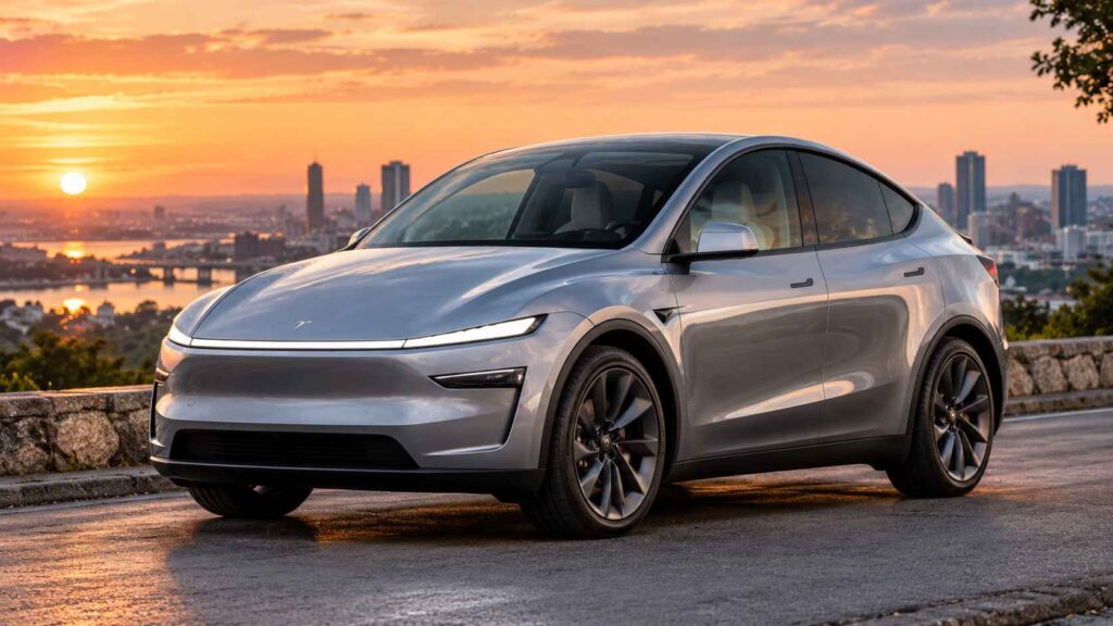 10 Cars Involved in the Most Accidents in America, What the Statistics Reveal Silver Tesla Model Y parked at a scenic city overlook during sunset.