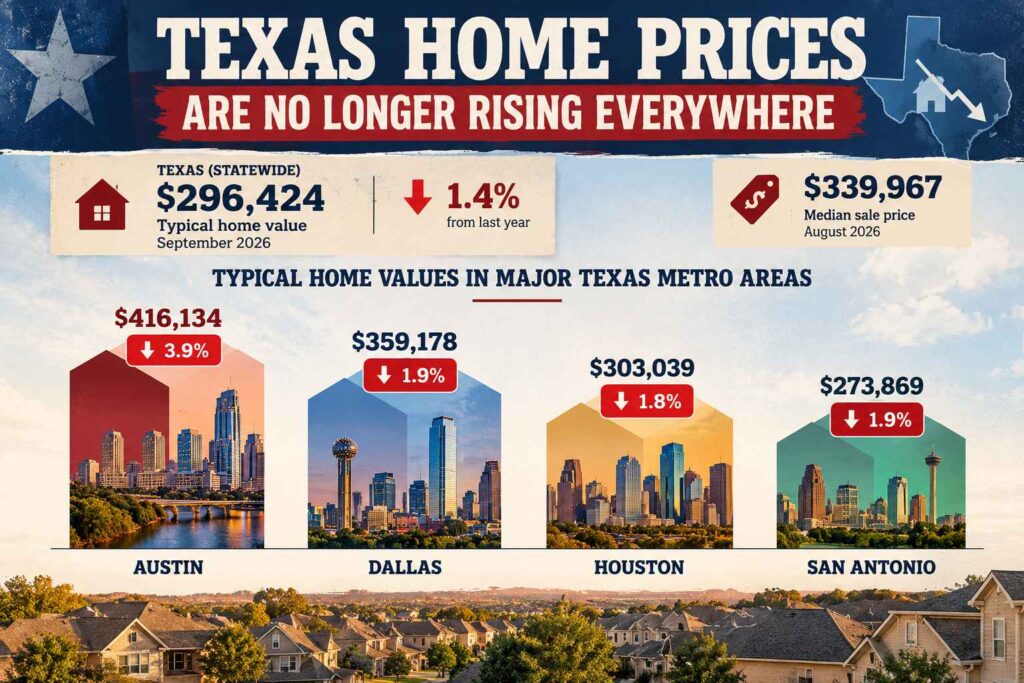 Infographic comparing September 2026 home values and annual price declines in Austin, Dallas, Houston, and San Antonio.