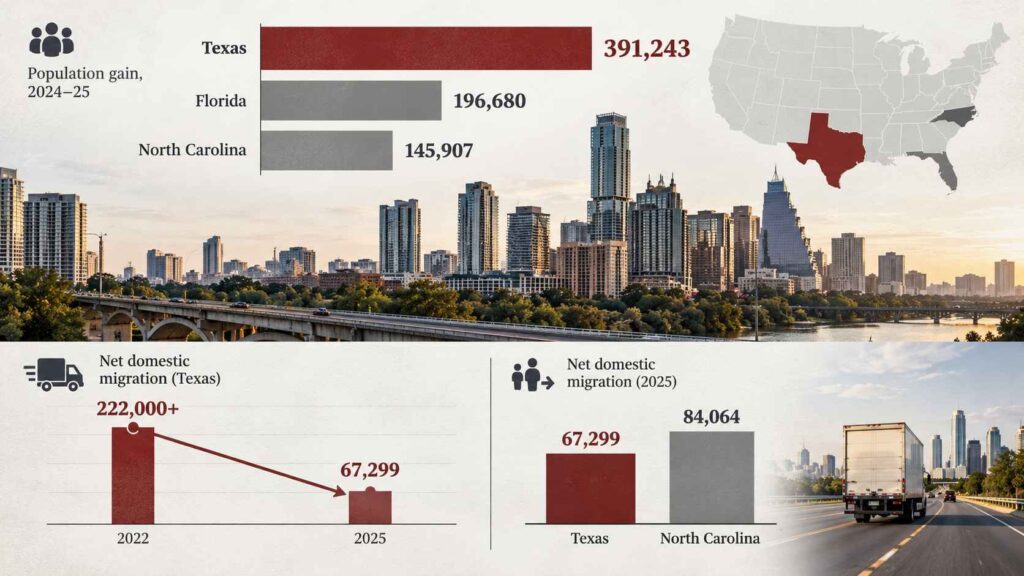 Infographic comparing Texas population growth and declining domestic migration between 2022 and 2025.