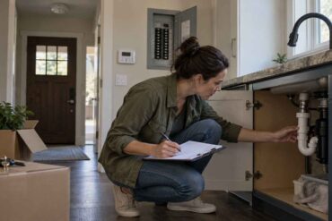 Woman inspecting kitchen sink plumbing with a clipboard in a newly purchased home, surrounded by moving boxes and household safety equipment.