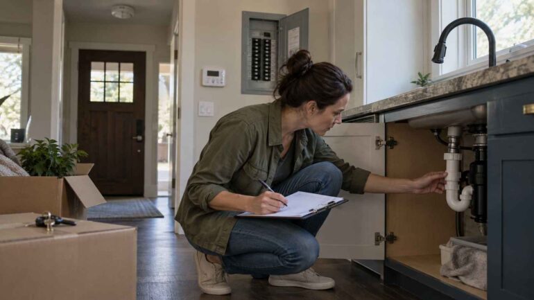 The 10 Essentials to Deal With Right After Buying a House, Design Changes Can Wait Woman inspecting kitchen sink plumbing with a clipboard in a newly purchased home, surrounded by moving boxes and household safety equipment.