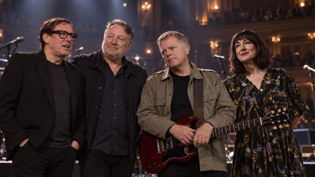 Four New Order members standing together on a theater stage.