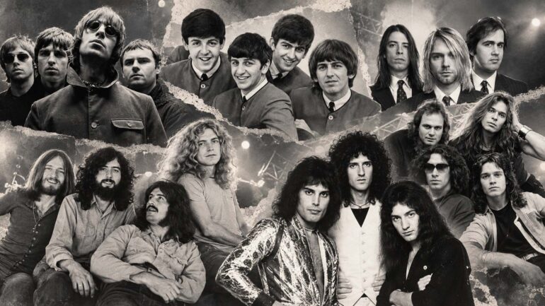 Black-and-white collage featuring Oasis, The Beatles, Nirvana, Led Zeppelin, Queen, and Van Halen.