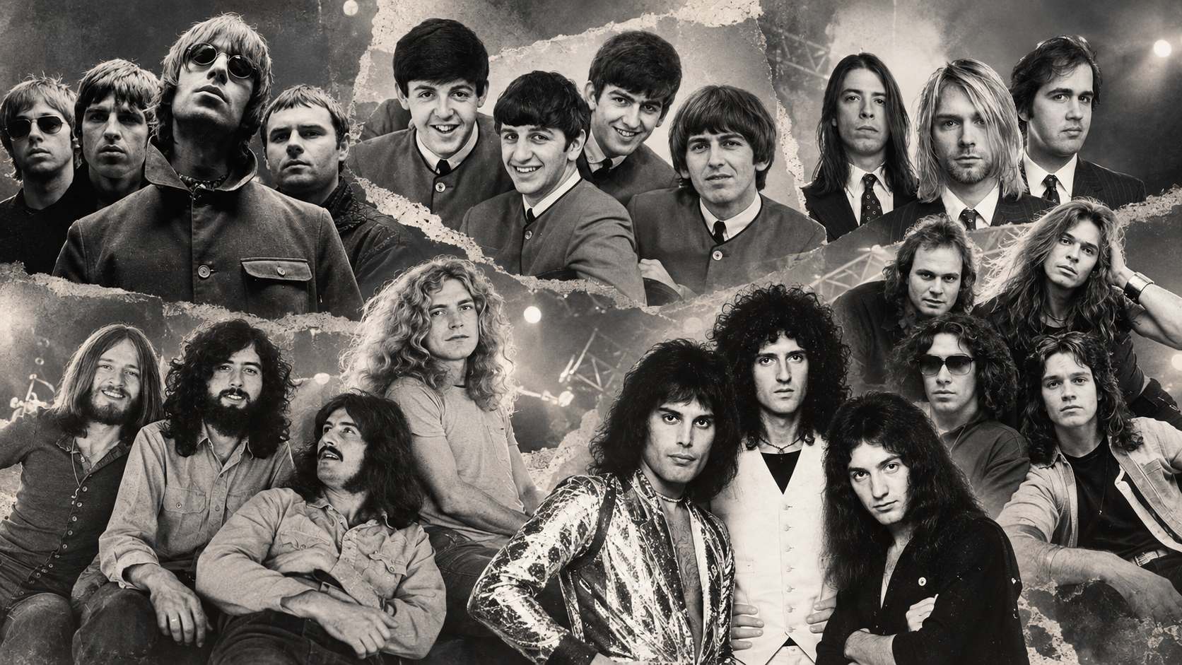 Black-and-white collage featuring Oasis, The Beatles, Nirvana, Led Zeppelin, Queen, and Van Halen.