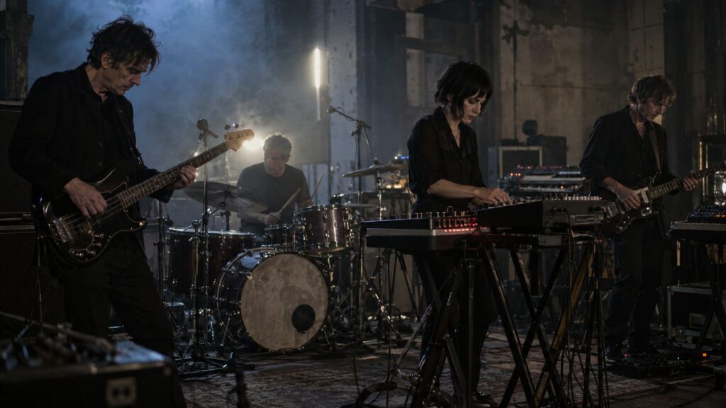Band performing with guitars, drums and synthesizers in a dark rehearsal space.