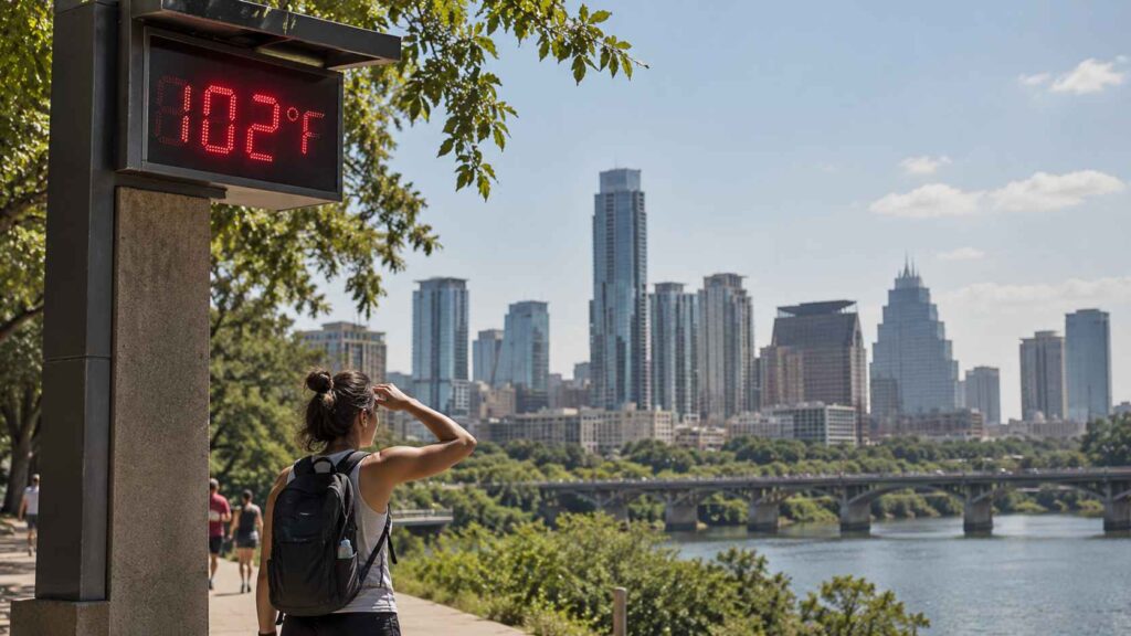 Woman shielding her eyes from the sun near a 102°F temperature display overlooking downtown Austin.