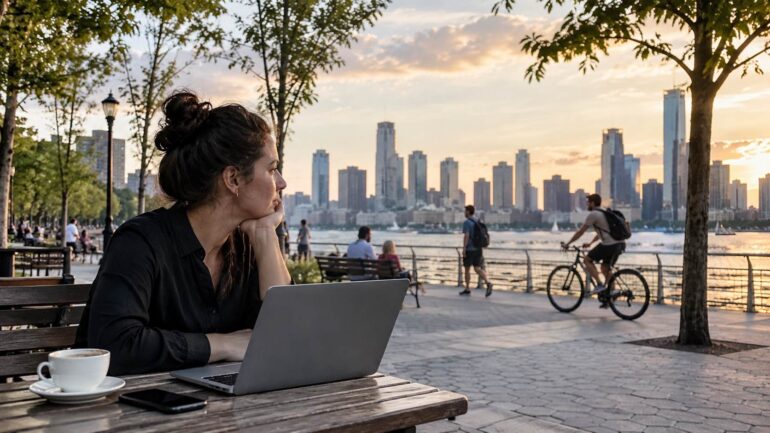 Work-Life Balance - Woman working on a laptop at a waterfront café while people enjoy outdoor activities nearby.