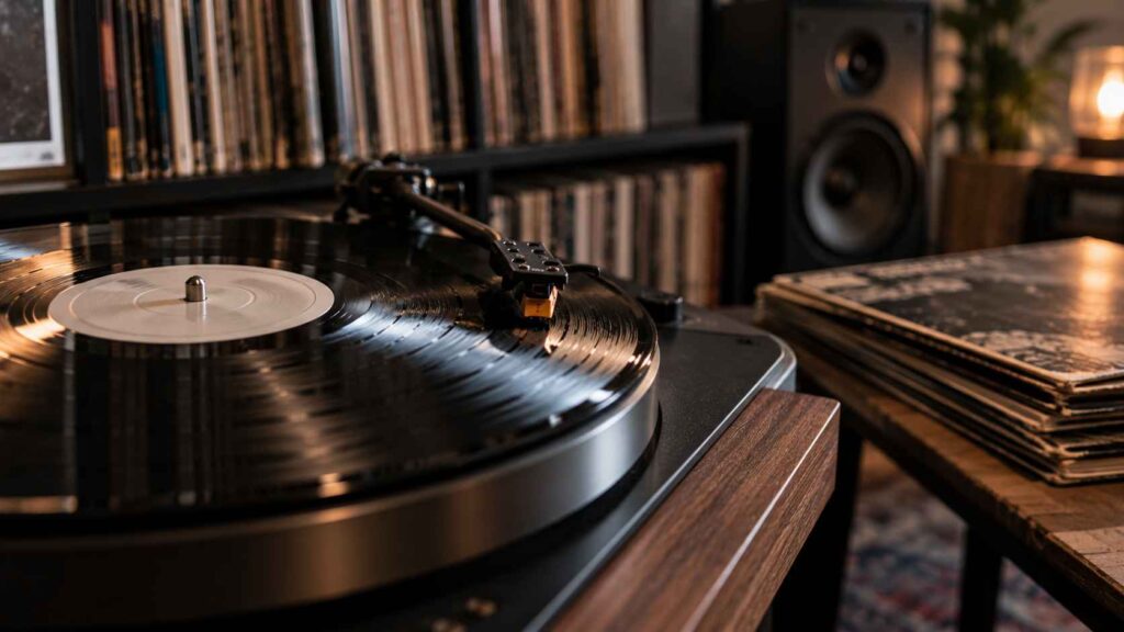Vinyl vs CD vs Lossless Streaming - Which Format Preserves the Most Detail in Music? Close-up of a black vinyl record spinning on a wooden turntable, with a stylus, speakers, and record collection.