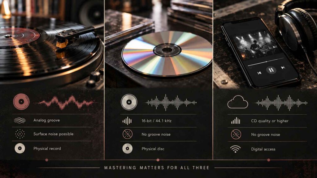 Vinyl vs CD vs Lossless Streaming - Which Format Preserves the Most Detail in Music? Three-panel infographic comparing vinyl records, CDs, and lossless streaming by audio quality, background noise, and format.