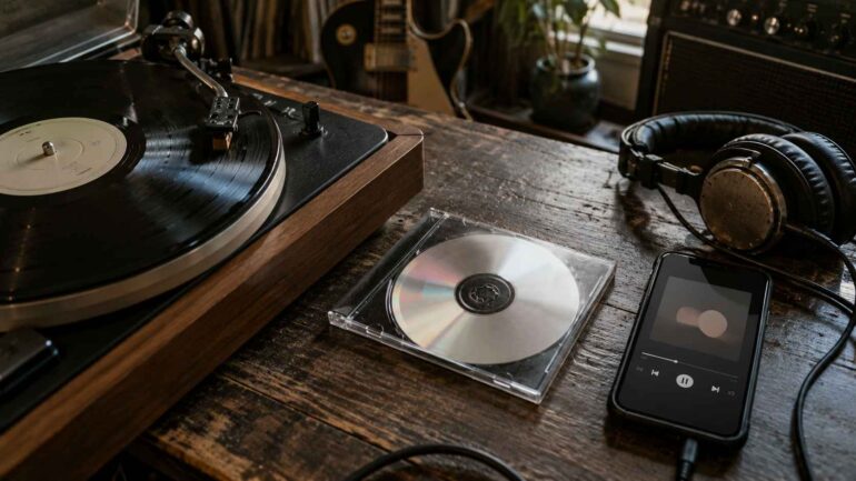 Vinyl turntable, compact disc, and smartphone music player arranged on a wooden table with headphones.