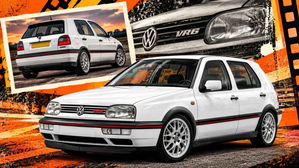 8 Future Classic Cars Worth Buying Before Prices Start Rising White Volkswagen Golf GTI VR6 Mk3 featured in a retro orange and black automotive collage.