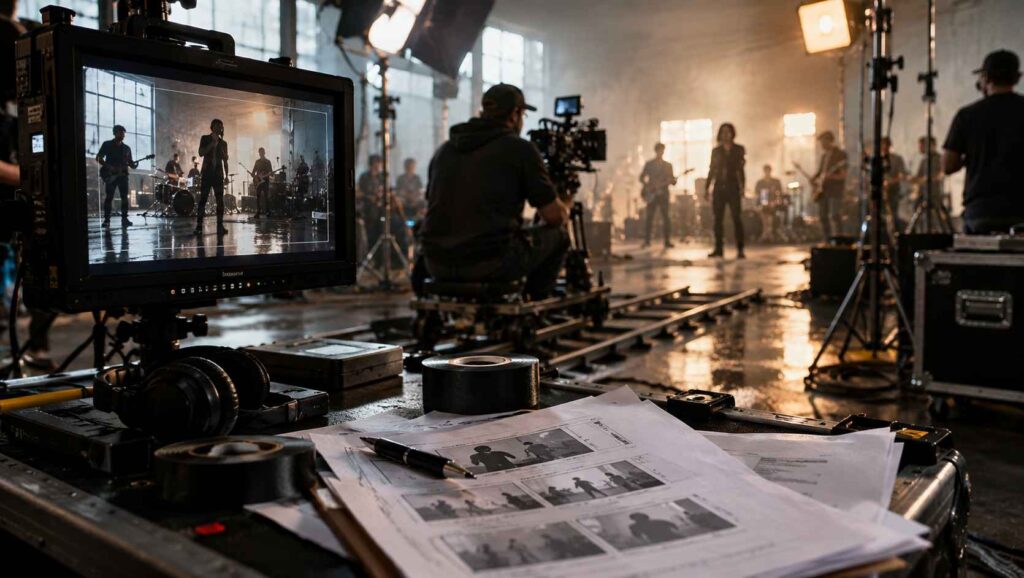 How Much Does It Cost to Make a Music Video? Behind-the-scenes music video shoot featuring a camera crew, lighting equipment, monitors, and production storyboards.