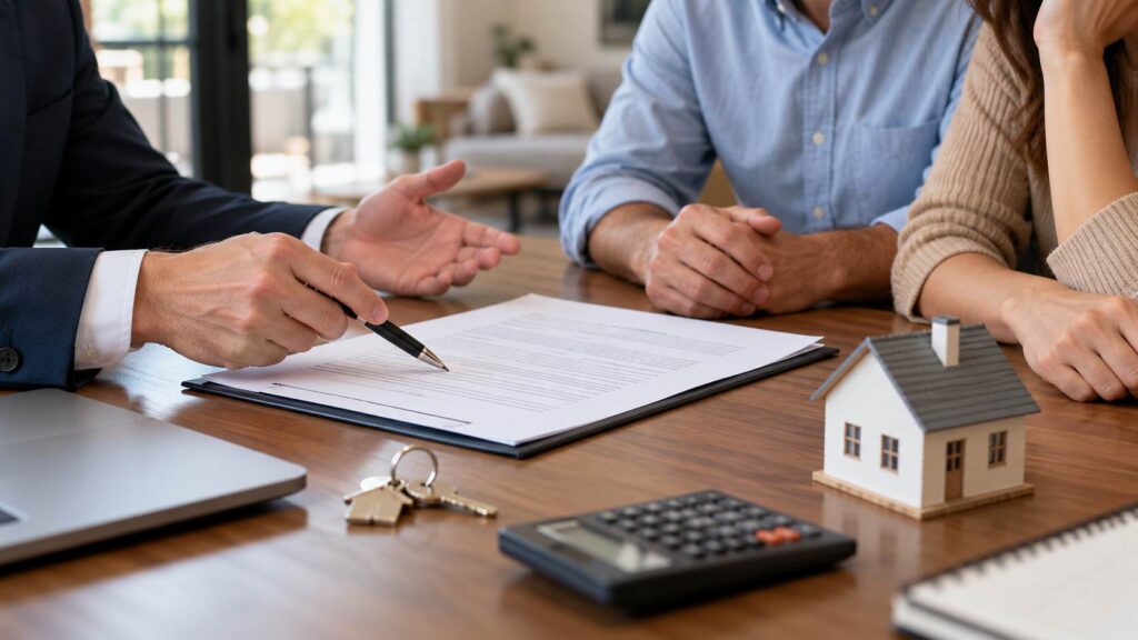 Georgia Real Estate in 2026, Is Now the Right Time to Buy a House? Real estate agent reviewing a home purchase contract with buyers during a negotiation.