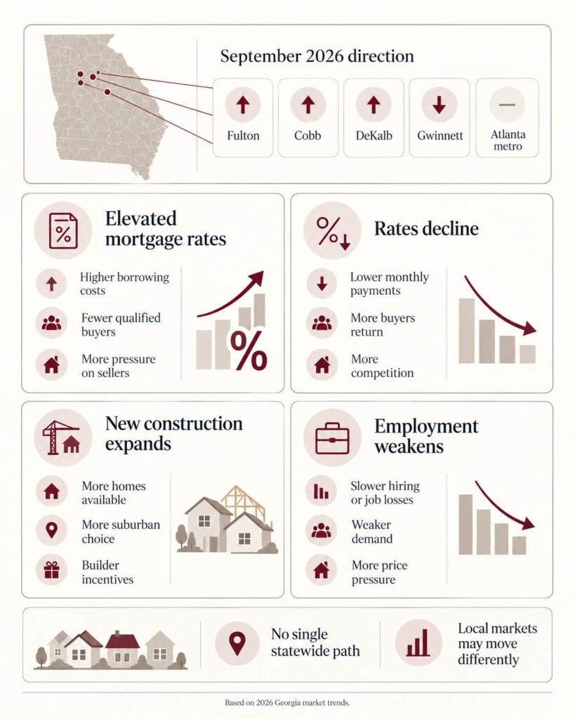 Georgia Real Estate in 2026, Is Now the Right Time to Buy a House? Infographic illustrating four factors that could influence Georgia home prices in 2027.