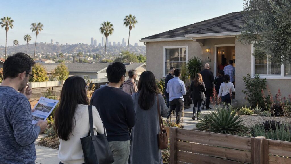 More Than 30% of Homes in California Now Sell for Over $1 Million Prospective buyers lining up to tour a California home during a crowded open house.