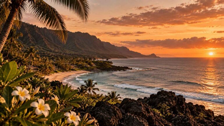 Hawaiian coastline at sunset with palm trees, volcanic rocks, mountains and a sandy beach.